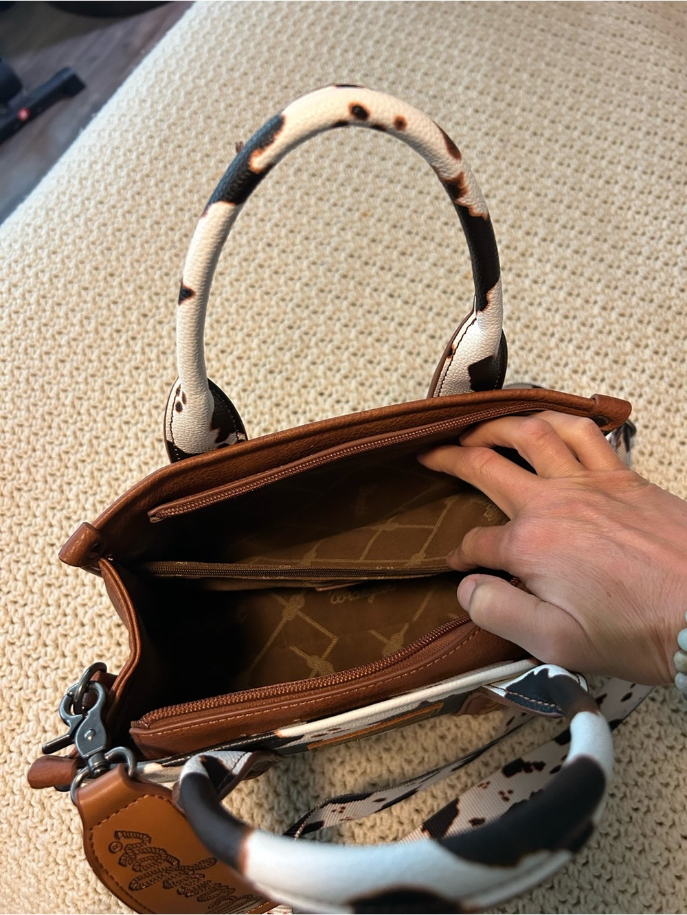 Wrangler Brown and White Cow Print Satchel with Leather Trim - Picture 6 of 8